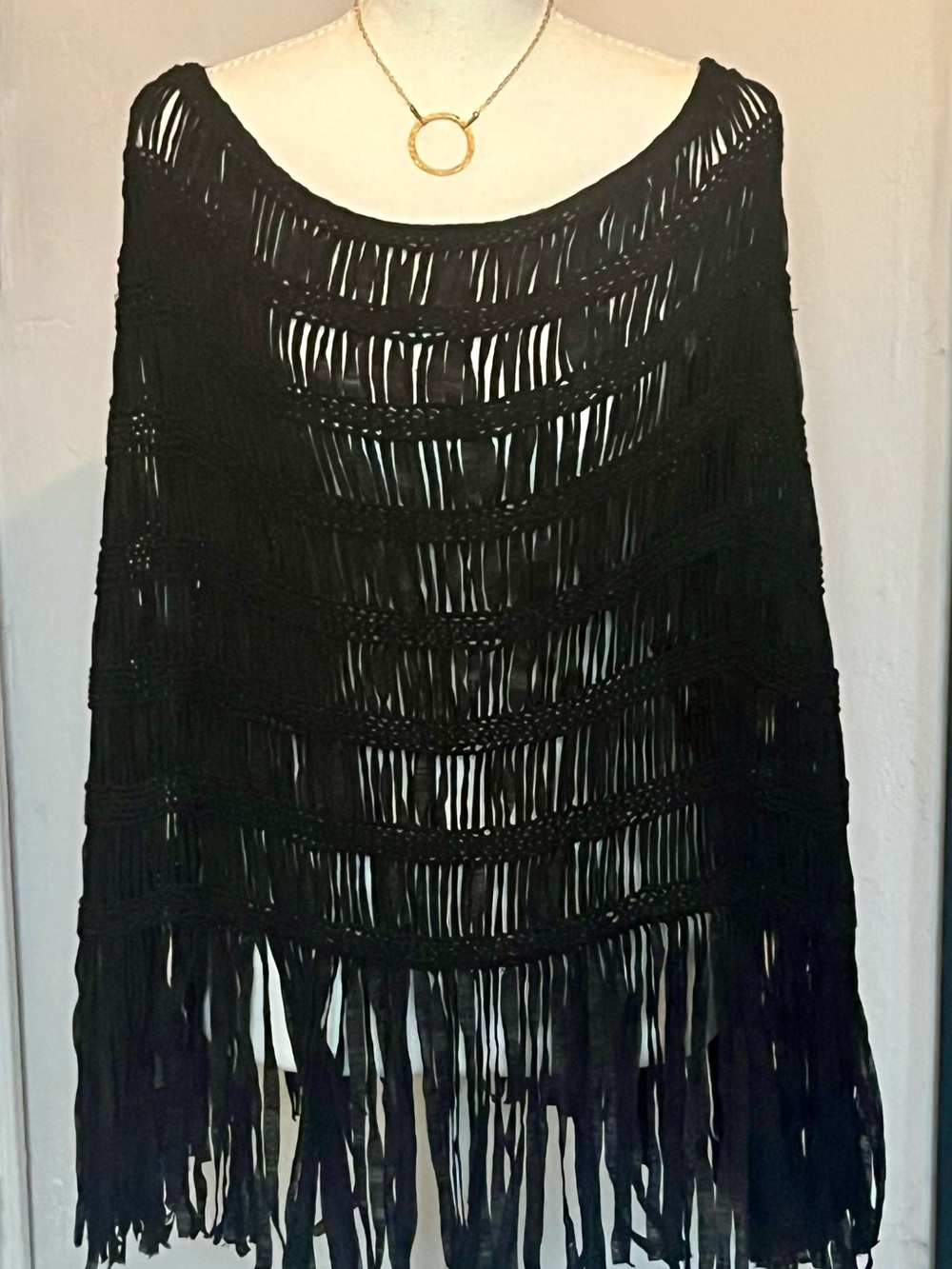 Vintage Guess by Marciano Black Crochet Fringe Poncho Y2K Boho